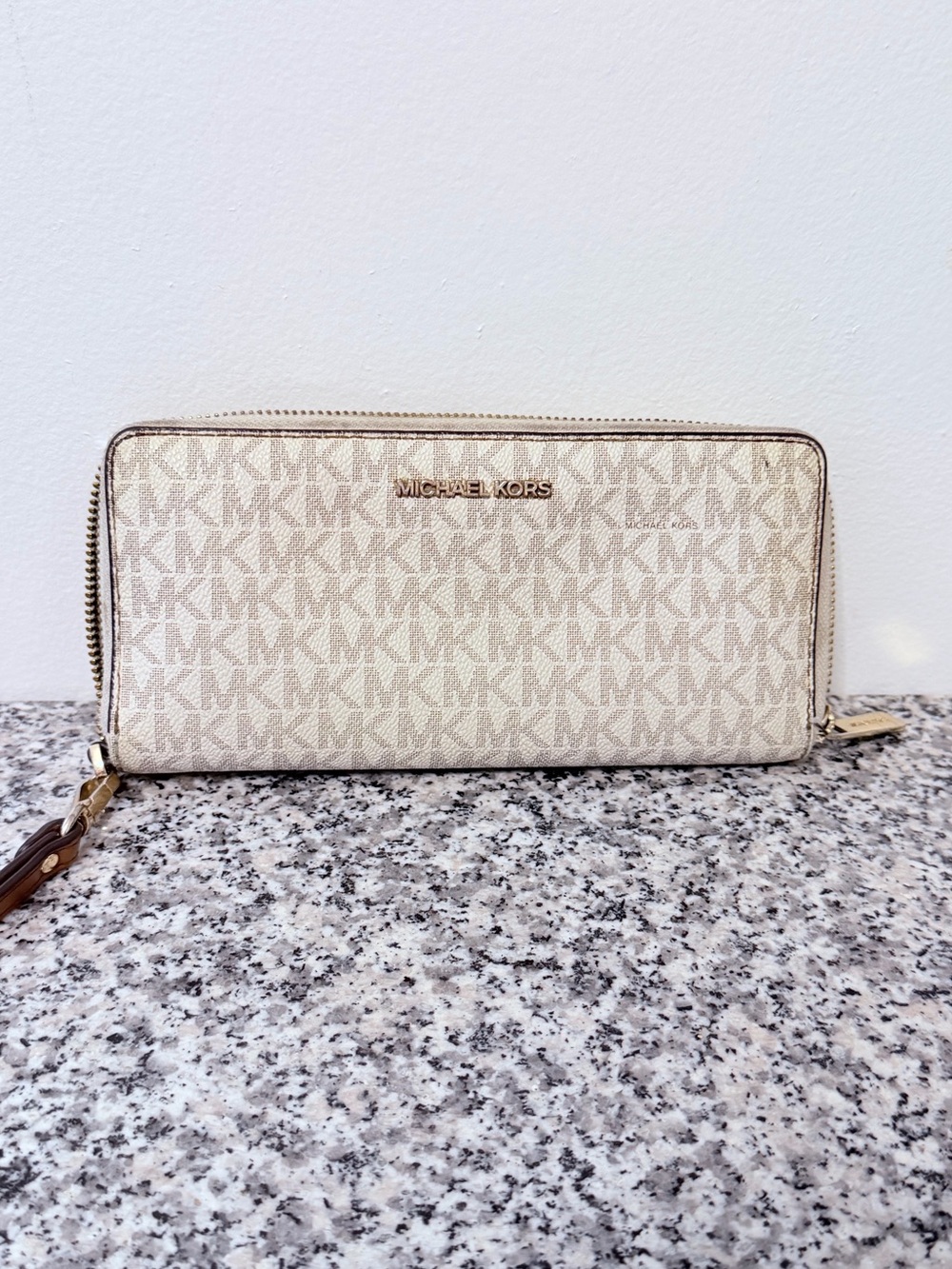 Michael Kors Beige Logo Zip-Around Wallet with Gold Hardware